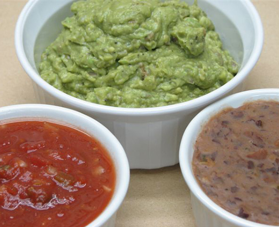 guacamole, salsa and refried beans