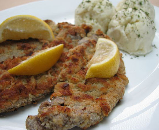 pan fried wiener schnitzel with Hungarian mashed potatoes