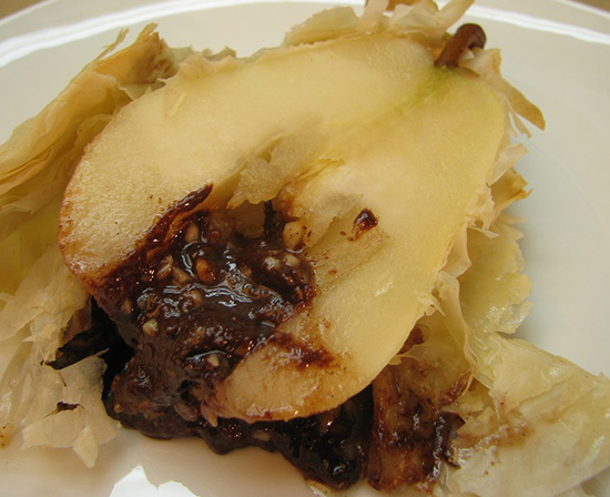 filo pastry wrapped pear stuffed with chocolate and walnuts