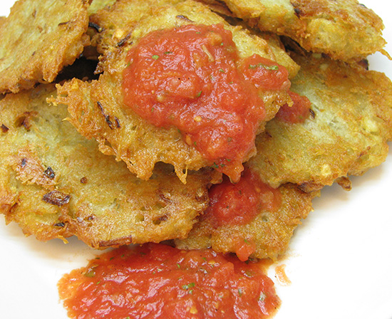 potato pancakes with spicy stewed tomato salsa