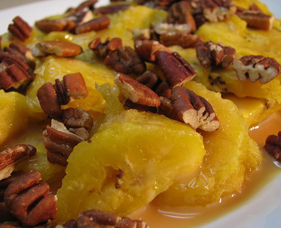 Mexican roasted plantains with cajeta and pecans