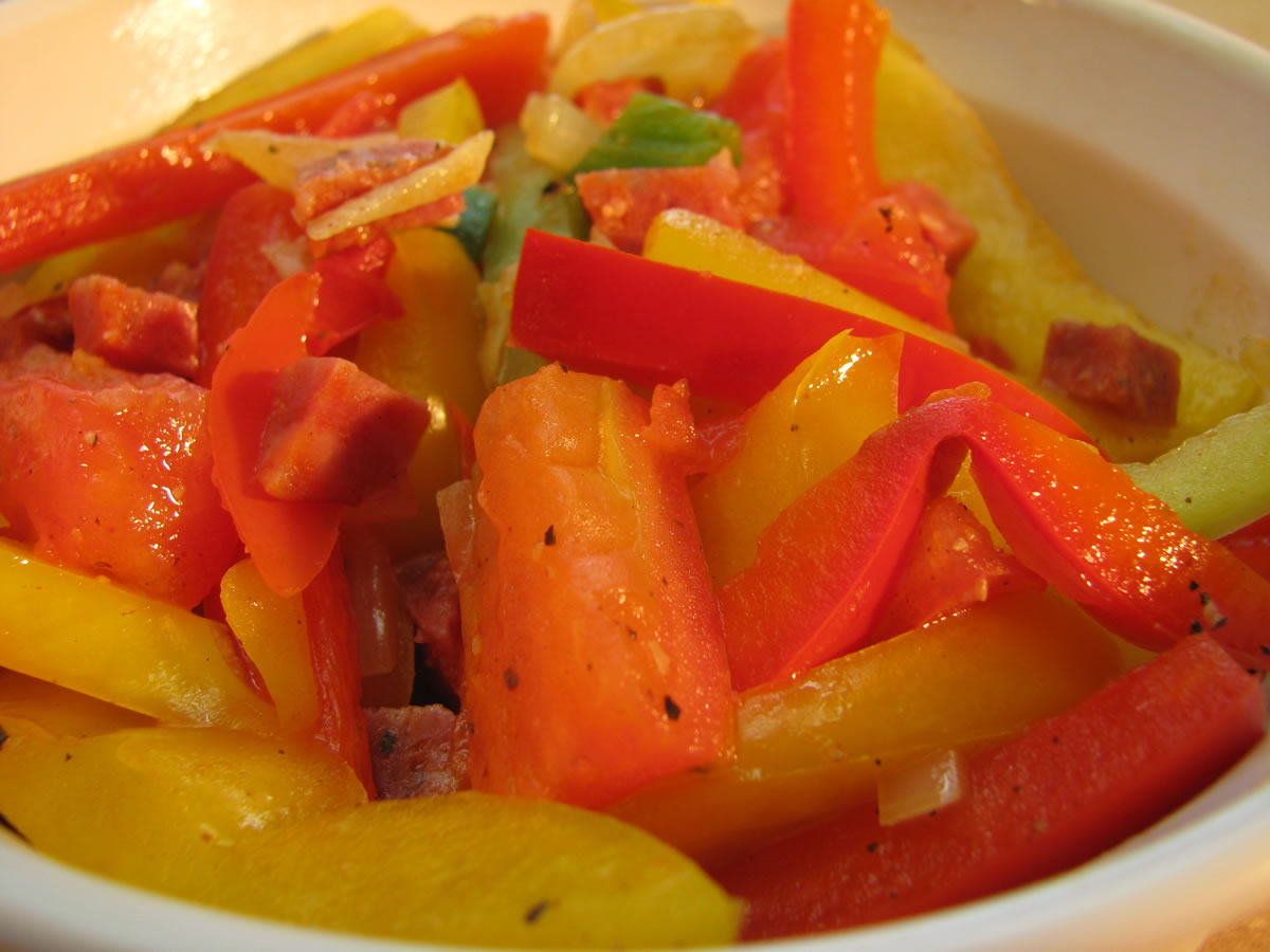 Lecso (Hungarian ratatouille) with sweet peppers, tomatoes, onions, paprika and Hungarian kolbassa