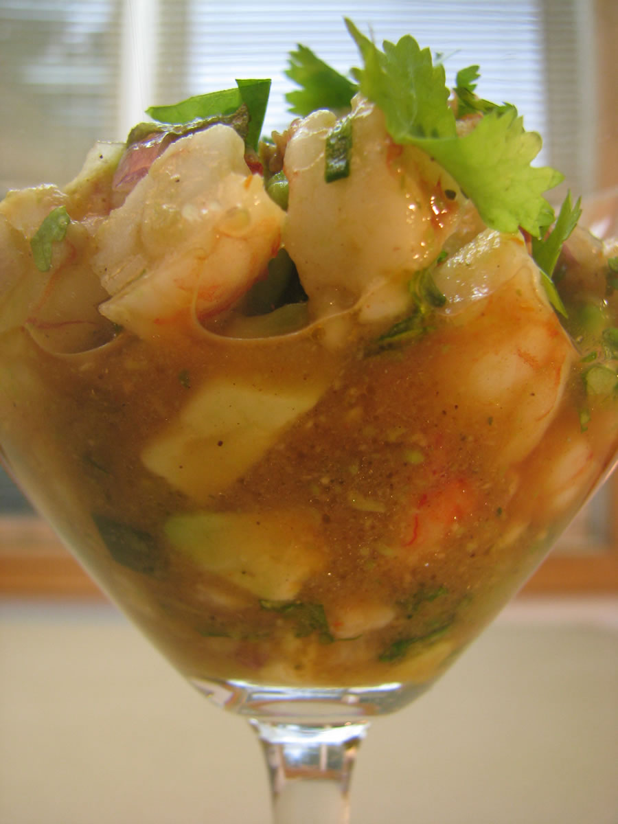 Shrimp Ceviche with olives, shallots, avocado and jalapeño peppers